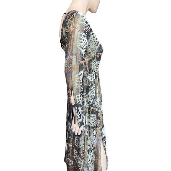 Topshop Metallic Devore Plunge Neck Skater Dress Size 4 Long Sleeves V Neckline - Picture 7 of 16